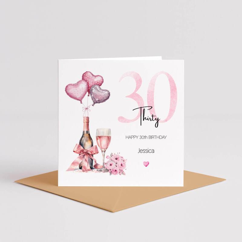 30th Birthday Card for Her Pink Champagne Balloons Flowers Personalised Milestone Greeting Thirty - Smooth No Message - Kraft Brown