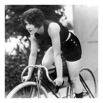 Holy Mackerel female cyclist retro black and white photographic card featuring a vintage image of a girl on a drop handlebar bike - 15cm square and blank inside