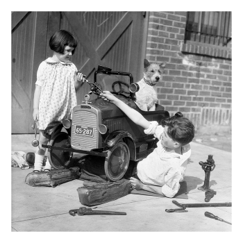 Holy Mackerel mechanic's assistants retro black and white photographic card featuring a vintage image of children and a dog mend a toy car - 15cm square and blank inside