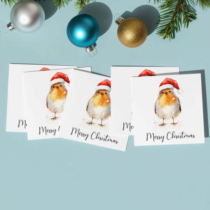 5 x Christmas Cards of a Robin Wearing A Santa Hat Whimsical Watercolour Christmas Card For Bird Lover For Him or Her - Square (4.7x4.7) / Pack of 5