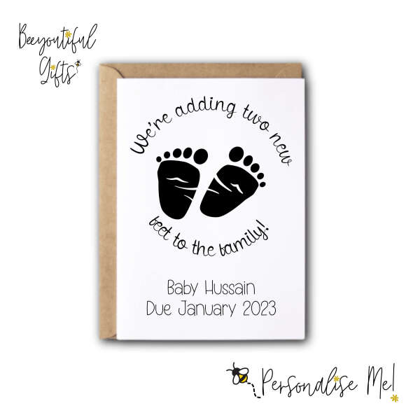 Personalised Pregnancy Announcement Card - We're Adding Two New Feet To The Family - Yellow - Small (Approx. A6)