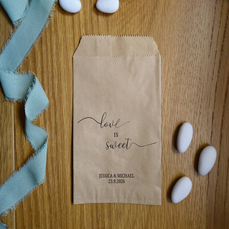 Personalised Wedding Candy Bags | Love is Sweet | 15cm × 10cm | White | Cerimony, Bridal, Matrimony, Marriage, Party, Event - White - Sample (not custom)