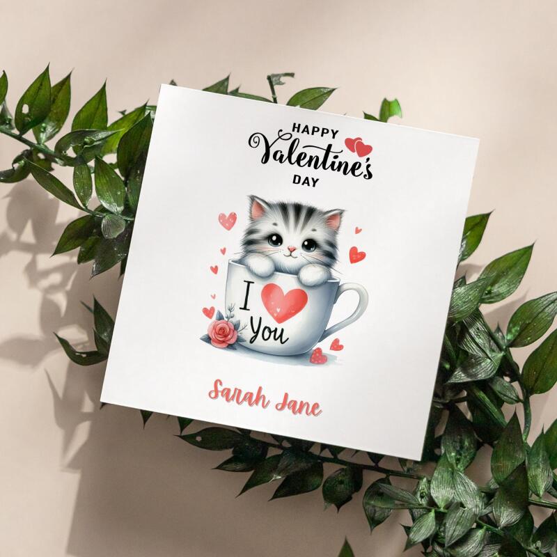 Kitten Valentines day card in a teacup design custom name romantic gift for partner - Smooth No Message - Kraft Brown
