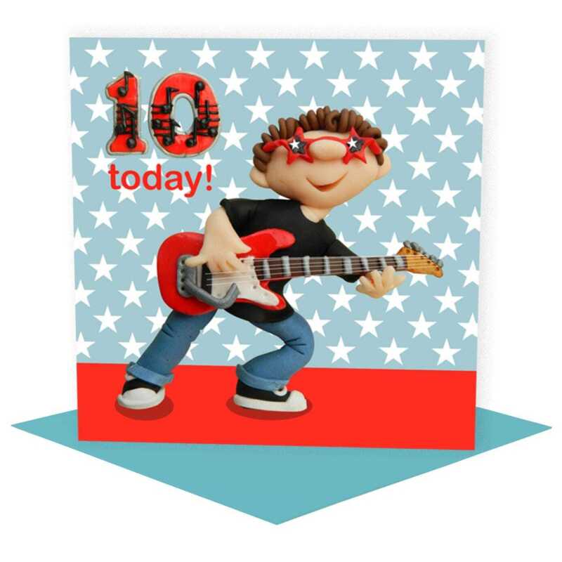 Birthday boy age 10 playing a guitar- child's age birthday - designed by Erica Sturla - 15cm square and blank inside, made in the UK