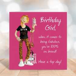On brand birthday girl - female birthday card for her - designed by Erica Sturla - 15cm square and blank inside, made in the UK