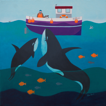 Holy Mackerel sea wolf orca themed art card for him or her - designed by artist Ailsa Black - 15cm square and blank inside for your message