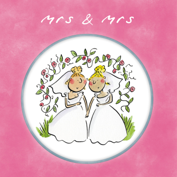 Holy Mackerel Mrs & Mrs, a 15cm square LGBTQ+ wedding card by Rosie Brooks. Blank inside for your message