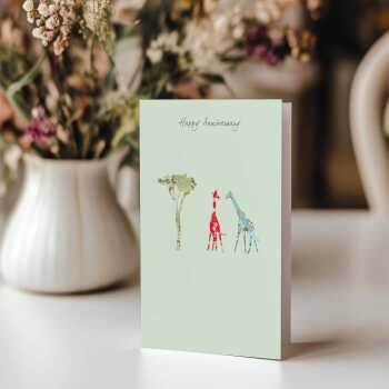 Giraffe anniversary greeting card -  designed by Eloise Hall - 15.7 x 11cm and blank inside, made in the UK