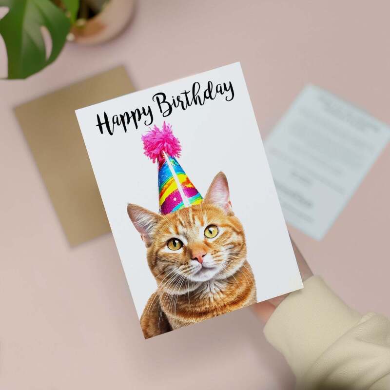 Birthday Card For Her Card For Friend Mum or Sister Birthday Card For Him Brother Dad Happy Birthday Card of Ginger Cat Fun Birthday Card - Large (5x7) / Blank Message