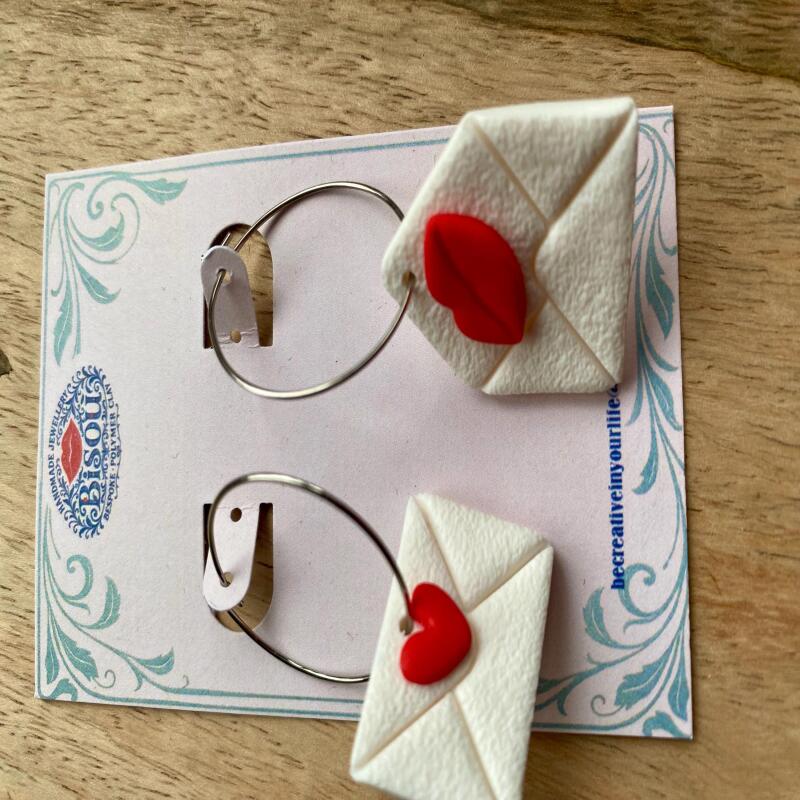 Heart Envelope Dangle Earrings | Handmade Polymer Clay Jewelry - silver
