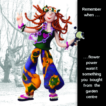 Holy Mackerel flower power birthday card featuring a female hippie - designed by artist Erica Sturla - 15cm square and blank inside for your message - made in the UK