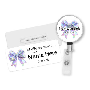 #hello my name is... Name Badge & Metal ID Reel - Iridescent Coquette Bow Ribbon
