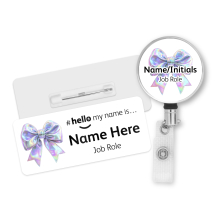 #hello my name is... Name Badge & Metal ID Reel - Iridescent Coquette Bow Ribbon