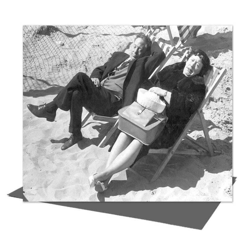Dressed for the beach, vintage photographic card featuring sleeping couple in deck chairs  - 12.6 x 17.7cm and blank inside - made in the UK