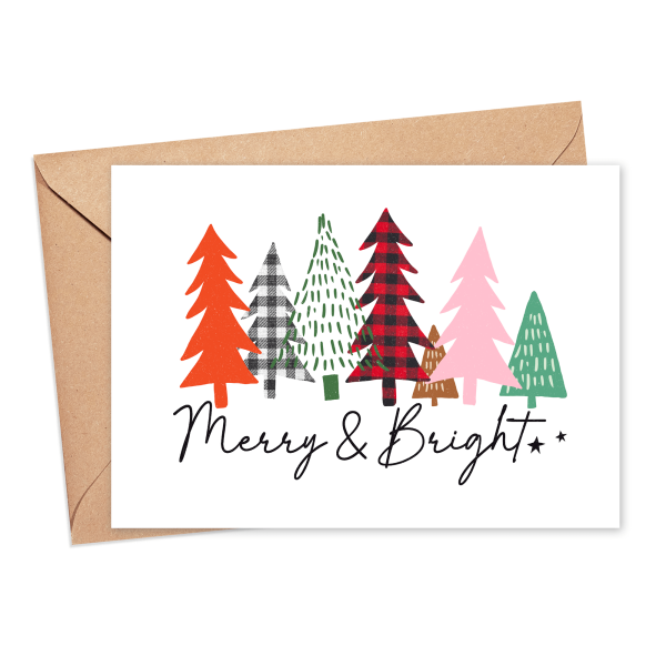 Christmas Card - Merry & Bright Patchwork Trees - Small (A6)
