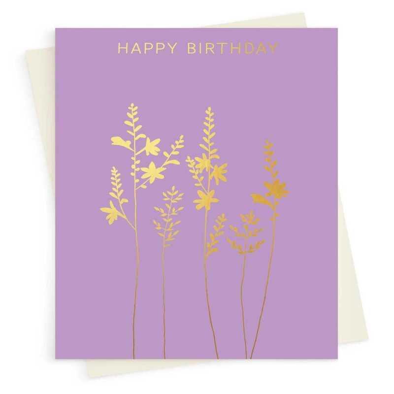 Happy birthday card with a pretty gold foil crocosmia and grass print - designed by artist Eloise Hall - 15.7 x 11cm and blank inside