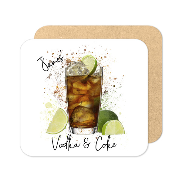 Personalised Vodka & Coke Coaster with Splash Effect - Standard Wooden Coaster