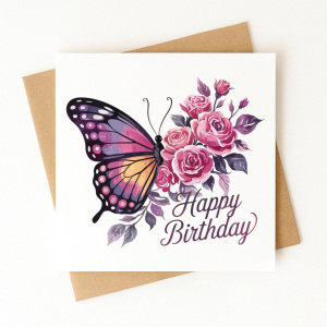 Birthday Card - Happy Birthday Floral Butterfly