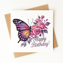 Birthday Card - Happy Birthday Floral Butterfly - Standard Smooth Card