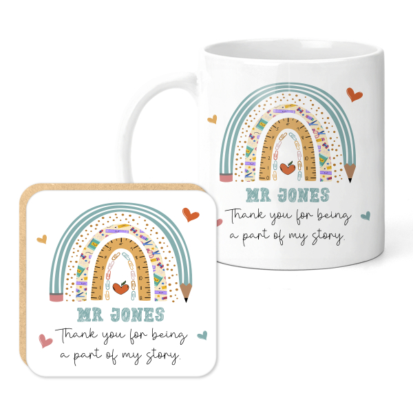 Personalised Teacher Mug & Coaster Set - School Themed Rainbow