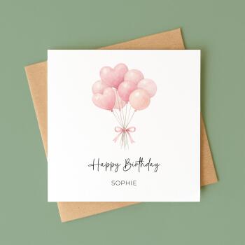 Personalised Birthday Card Pink Heart Balloons Handmade Custom Name Greeting