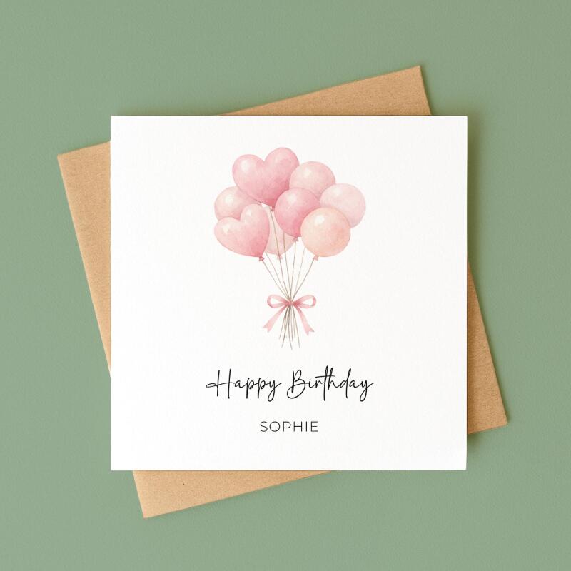 Personalised Birthday Card Pink Heart Balloons Handmade Custom Name Greeting - Smooth No Message - Kraft Brown
