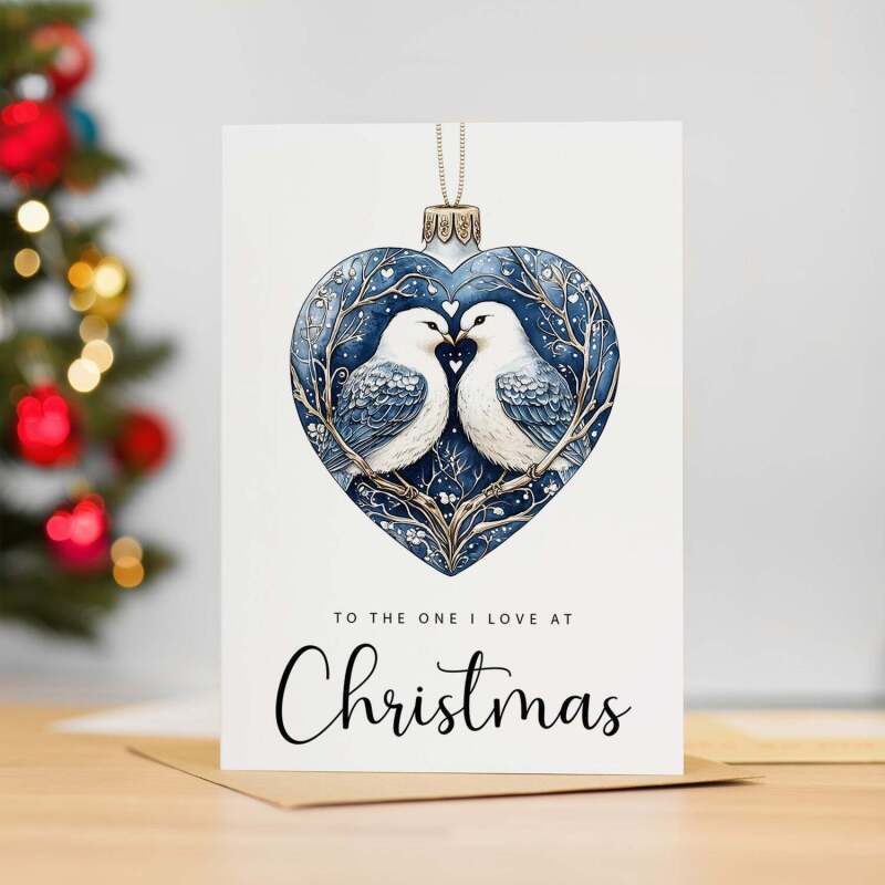 Christmas Card For Loved One Turtle Dove Bauble Love Heart Illustration Romantic Christmas Card For The One I Love - Portrait (5x7) / Blank Inside