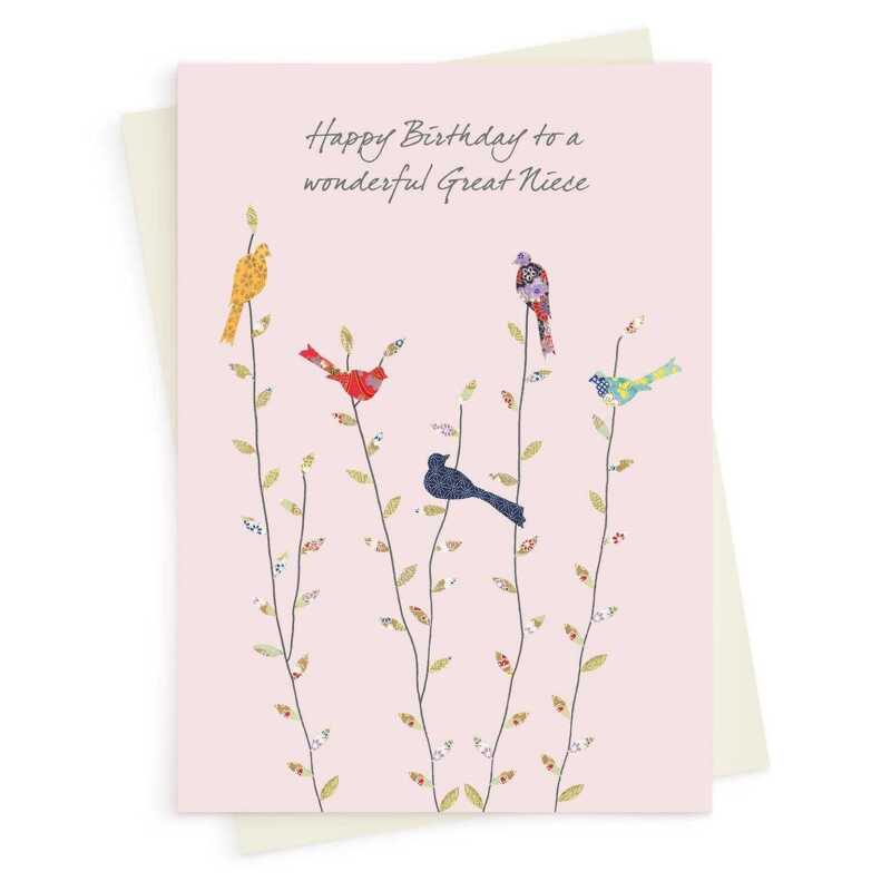 Birds great niece birthday card -  designed by Eloise Hall for Holy Mackerel - 15.7 x 11cm and blank inside, made in the UK