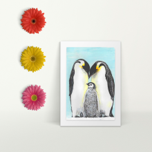 Emperor Penguin adults with baby - A4 Print - Mounted