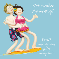 Holy Mackerel having fun surfing themed anniversary card for a couple - designed by artist Erica Sturla - 15cm square and blank inside for your message - made in the UK