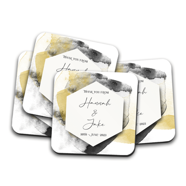 Wedding Favour Coaster For Guests - Black & Gold Splash