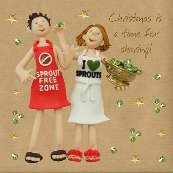 Holy Mackerel Sharing, a sprout themed festive foiled Christmas card designed by Erica Sturla, 15cm square & blank inside for your message.