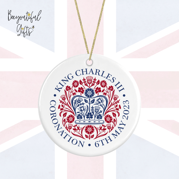 King Charles III Coronation Day May 2023 Official Emblem Ceramic Hanging Decoration - Red & Blue