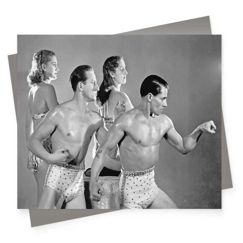 Posing, vintage photographic black and white performing troupe themed card  - 12.6 x 17.7cm and blank inside - made in the UK