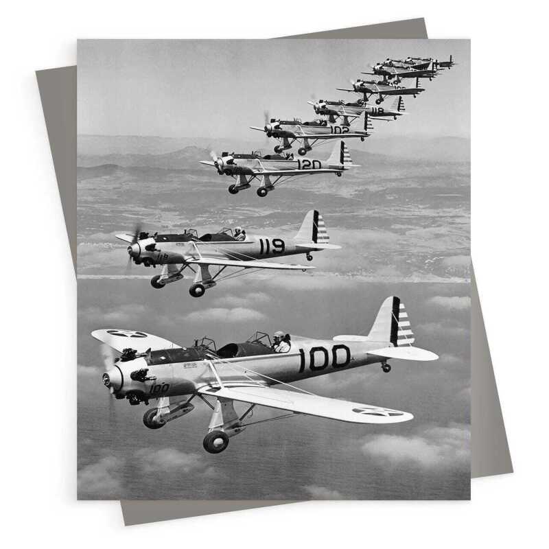Planes in formation, photographic black and white aeroplane themed card - 12.6 x 17.7cm and blank inside - made in the UK