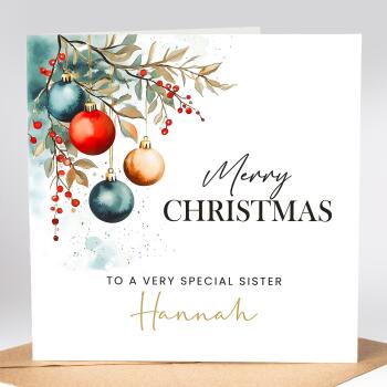 Personalised Christmas Bauble Card, Watercolour Christmas Card for Sister, Mum, Auntie, Niece, Grandma, Granddaughter, Goddaughter, Grandad