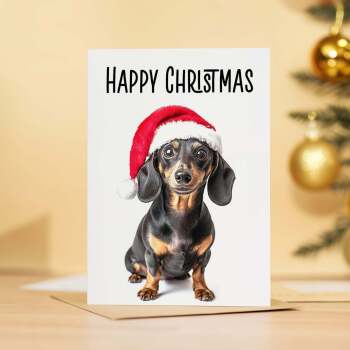 Fun Christmas Card of a Dachshund Dog Wearing A Santa Hat Whimsical Christmas Card For Animal Lover For Him or Her