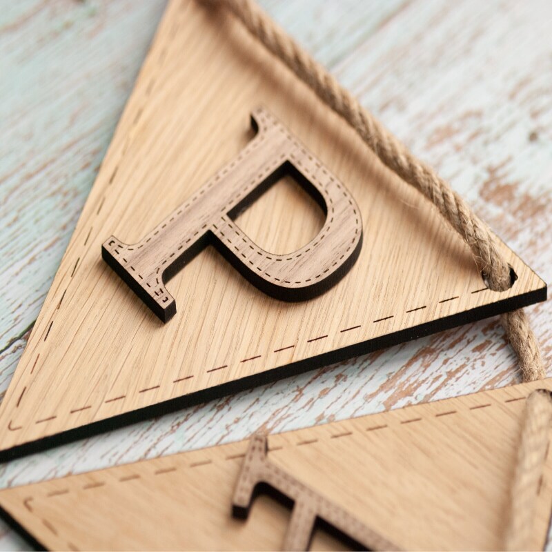Personalised bunting with wooden letters for nursery decor. Name bunting. Wooden name sign. Wooden lettering. Wooden letters for wall - 1 letter - Oak flg/Walnut ltr