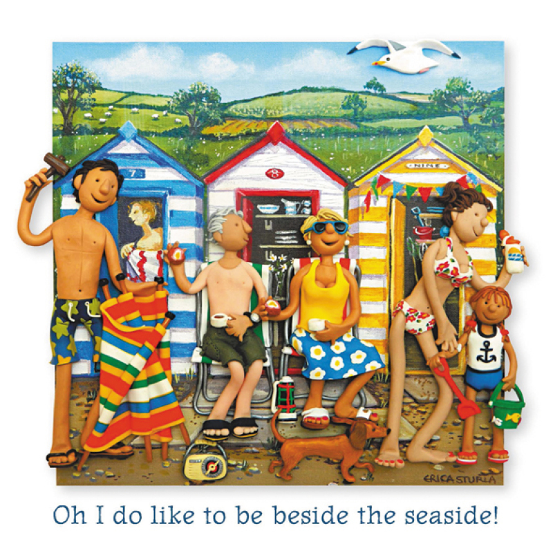 Holy Mackerel beside the seaside beach hut themed blank greeting card - designed by artist Erica Sturla - 15cm square and blank inside for your own message