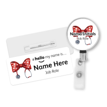 #hello my name is... Name Badge & Metal ID Reel - Hearts Red Coquette Bow Ribbon