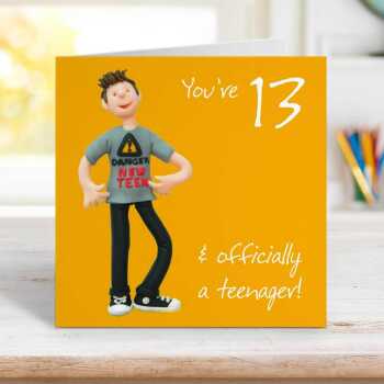 13th birthday card for him - designed by Erica Sturla - 15cm square and blank inside, made in the UK
