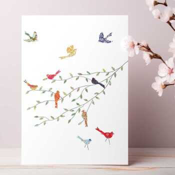 Birds on the branch greeting card -  designed by Eloise Hall - 15.7 x 11cm and blank inside, made in the UK