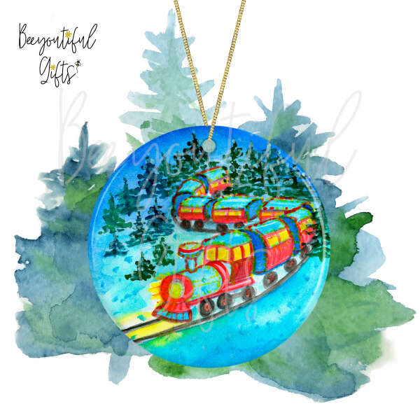 Ceramic Christmas Tree Decoration - Watercolour Festive Train Scene