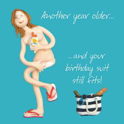 Holy Mackerel Birthday Suit female birthday greetings card designed by Erica Sturla, for mum, auntie, sister, niece etc. Card is 15cm square and blank inside for your own message