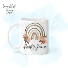 Personalised New Baby Ceramic Mug - New Auntie Watercolour Floral Rainbow