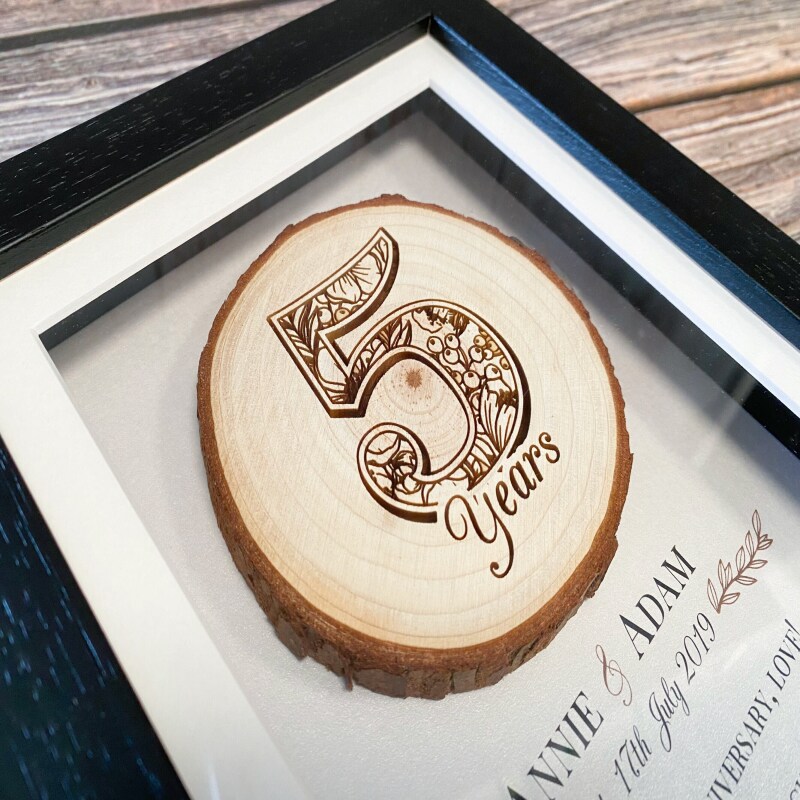 5th anniversary gift - wood. 5th wedding anniversary gift. Personalised 5 year anniversary gift for wife or husband. Fifth anniversary. - White frame