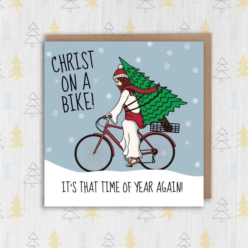 Christ on a Bike funny, rude, offensive, anti-religious, blasphemous Christmas, festive, holidays, Xmas card (Size A6/A5/A4/Square 6x6") - A6: Single card