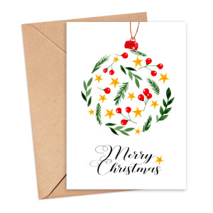 Christmas Card - Merry Christmas Winter Greenery & Stars Bauble