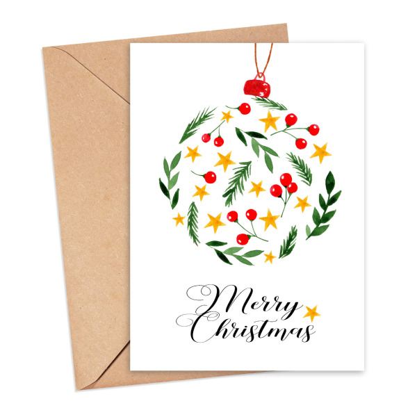 Christmas Card - Merry Christmas Winter Greenery & Stars Bauble - Small (Approx. A6) - Standard Smooth Card