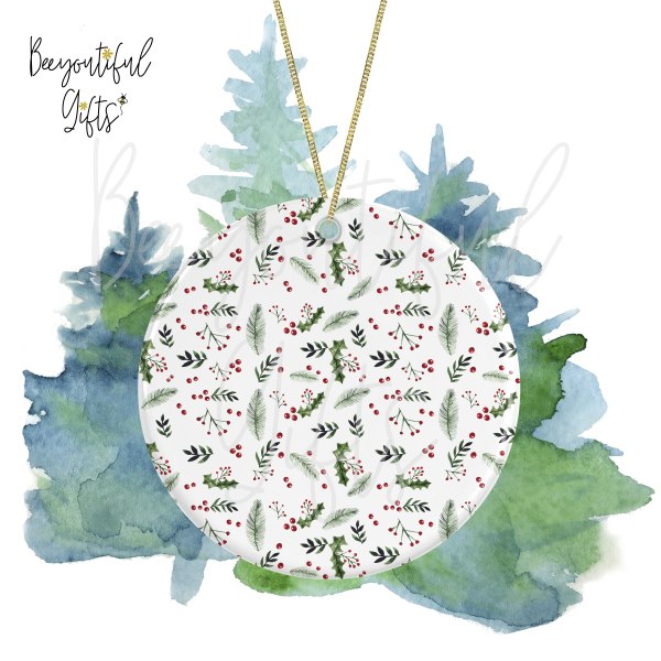 Ceramic Christmas Tree Decoration - Watercolour Holly Sprigs & Berries